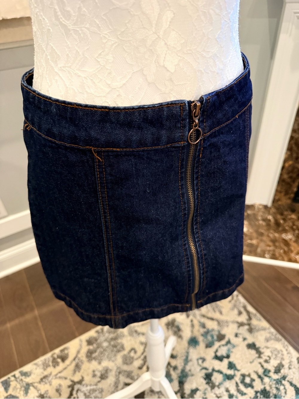 Altar'd State Full Zip Front Denim Mini Skirt Dark Wash O-Ring Size S
